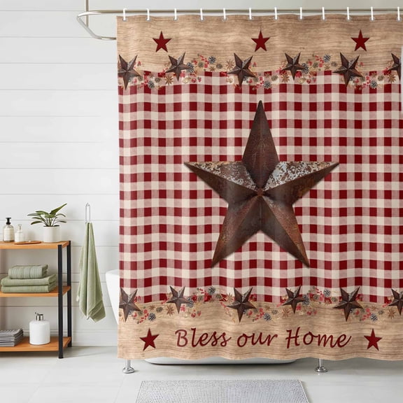 Shower Curtains for Bathroom, Country Star Farm Waterproof Fabric Shower Curtain, Farmhouse Plaid Texas Vintage Fruit Decorative Bathroom Curtain for Bathtub, 36"x72", No Hooks Included