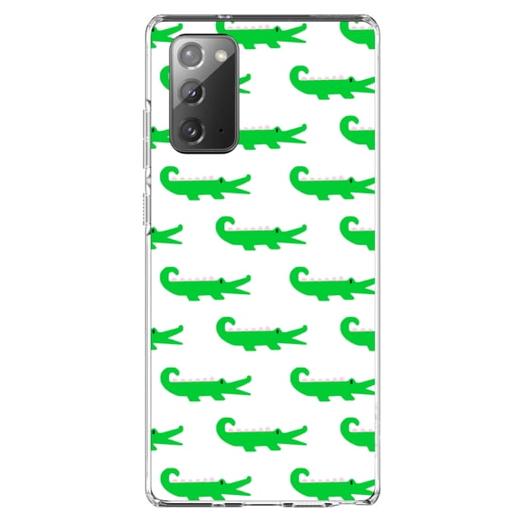 DistinctInk Clear Shockproof Hybrid Case for Samsung Galaxy Note 20 (6.7" Screen) - TPU Bumper, Acrylic Back, Tempered Glass Screen Protector - Green White Alligators - Cartoon Alligators