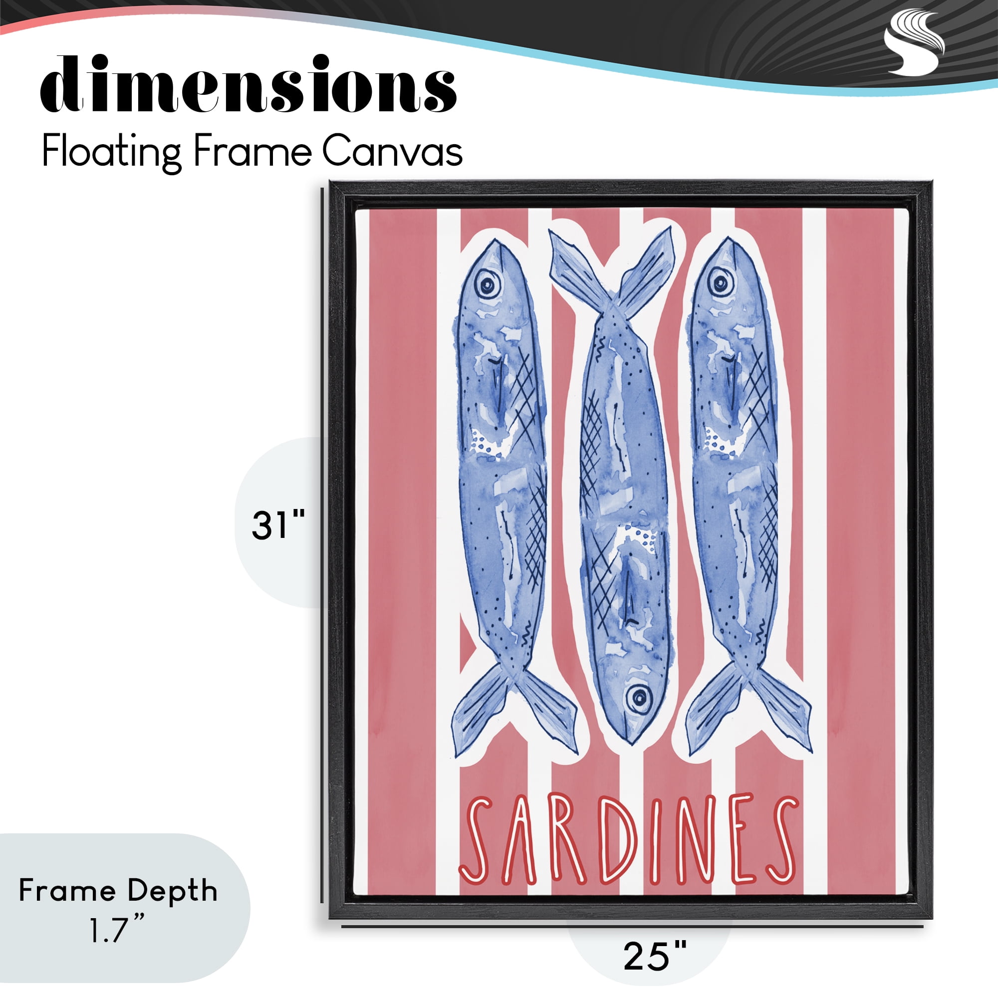 Stupell Industries Americana Sardines on Pink Stripes Black Framed Floater Canvas Wall Art, design by Nola James
