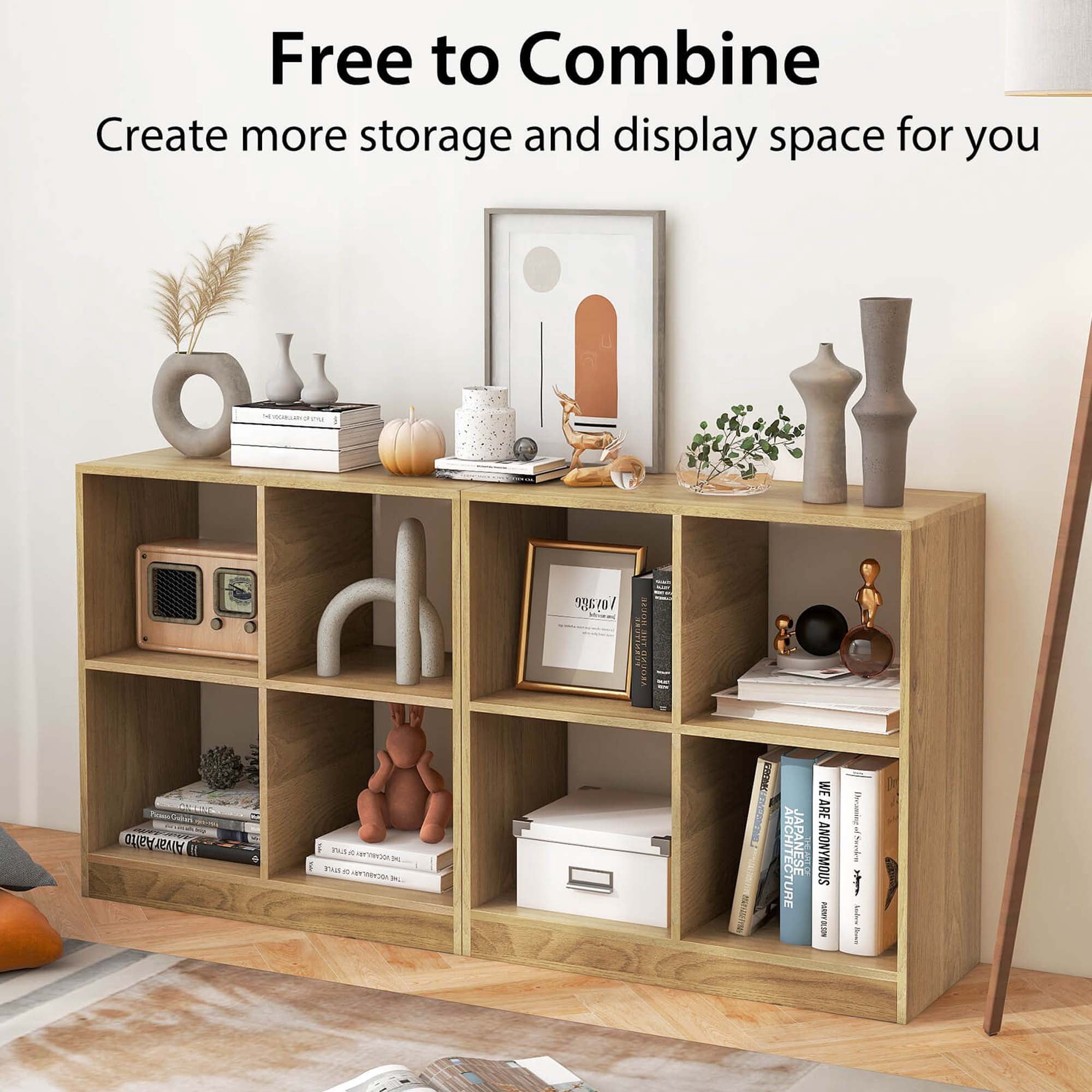 Costway Kids Toy Storage Organizer 4-Cube Wooden Display Bookcase with Anti-toppling Device Natural