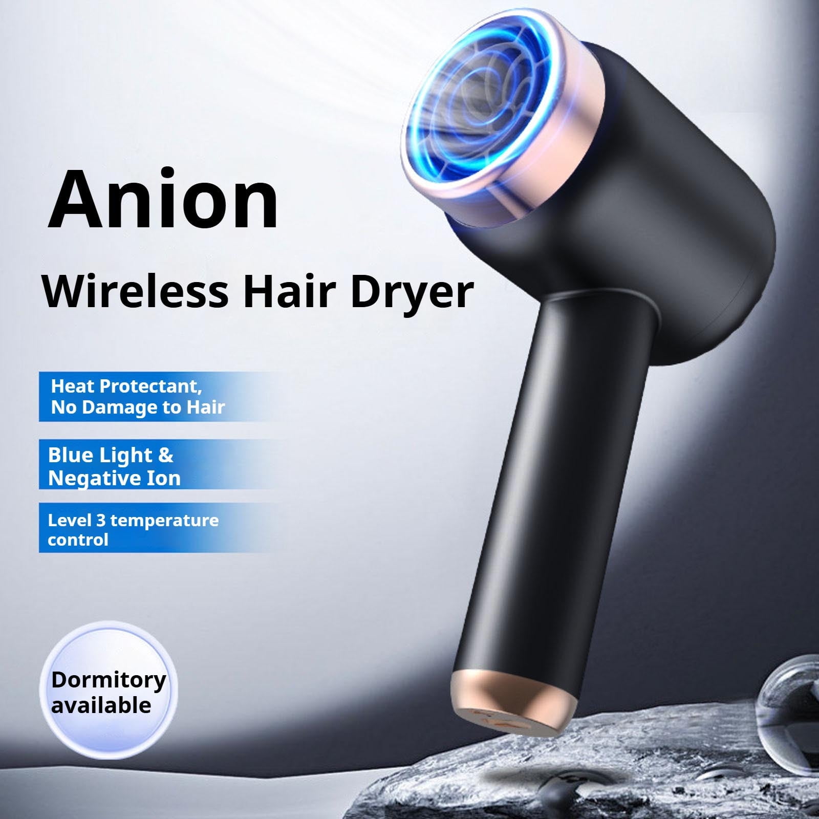 Pin-kcherry 1000W Battery Hair Dryer, 1500mAh Hair Dryer with Diffuser, Quick Drying Hair Dryer with Cold, Hot Wind, USB Charging for Home and Travel Dormitories (EU Plug)