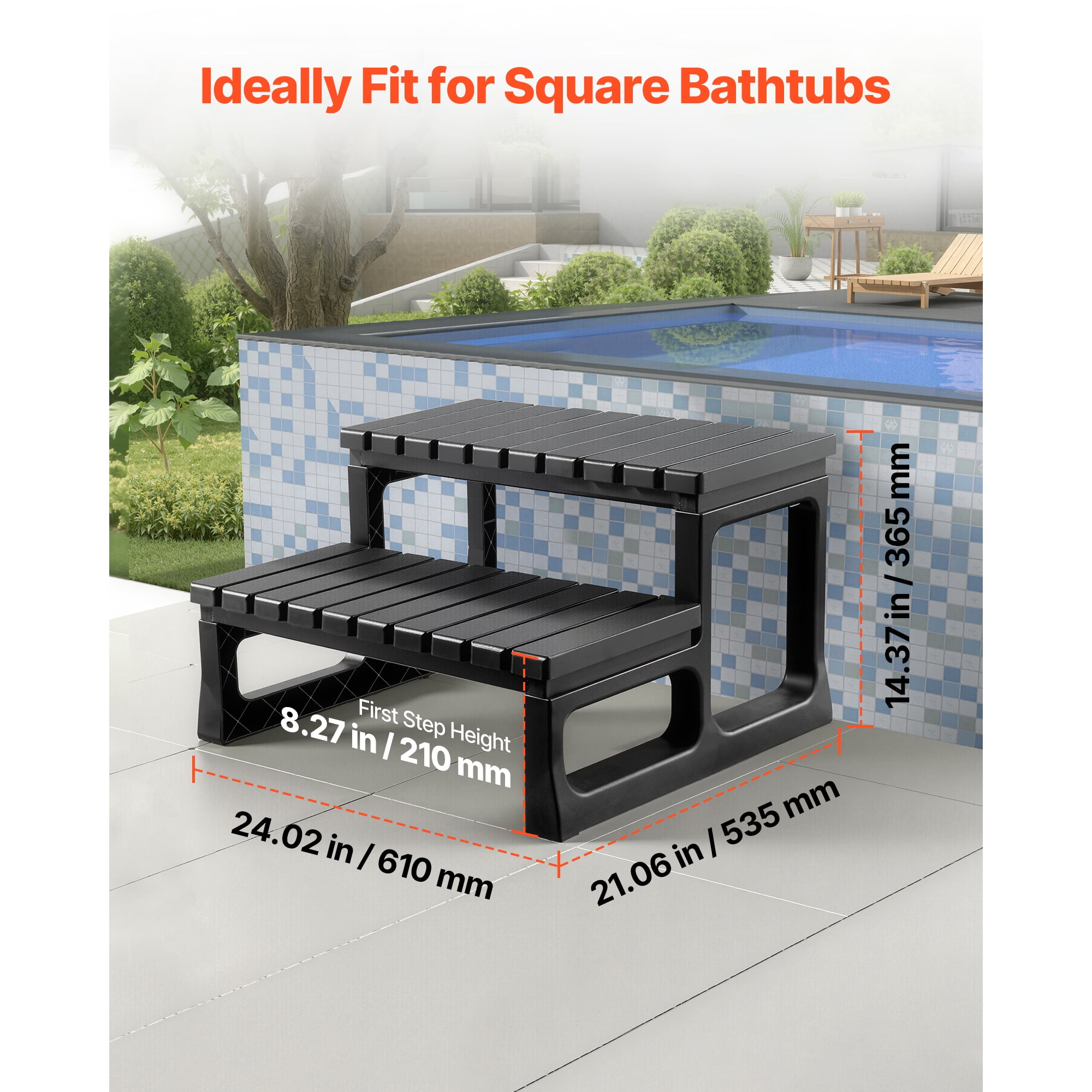 KFFKFF Durable 2-Step Hot Tub Stairs, 23.6" Wide PP Outdoor Spa Steps, 320 lbs Capacity, for Pools, Patios & Decks