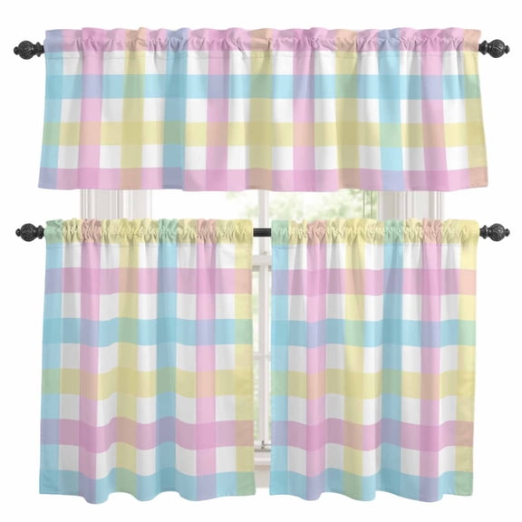 Easter Plaid Kitchen Curtains Sets for Windows 24 Inch Length, Spring Buffalo Plaid Simple Colorful Rod Pocket Window Treatments Tier Curtains and Valances Set for Bedroom/Bathroom
