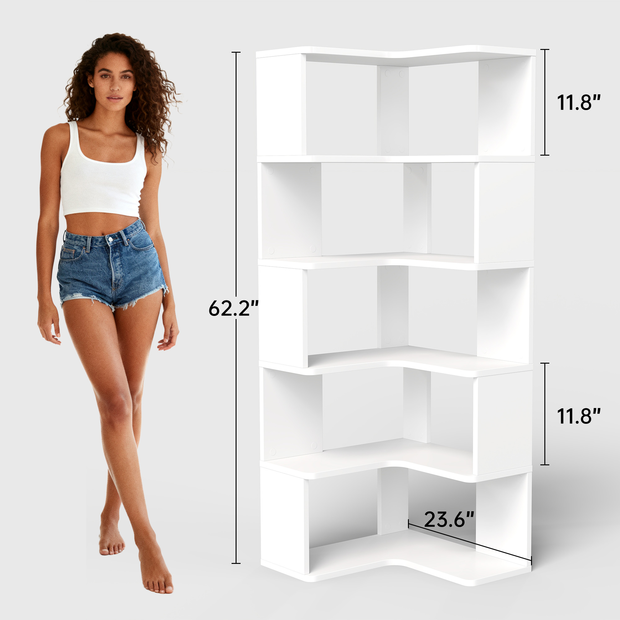 6-Tier Corner Bookshelf, 62.2" Tall Bookcase with Baffle, Large Modern Display Rack for Living Room, Home Office Storage, White