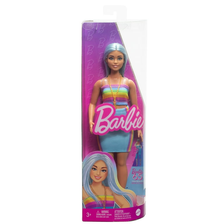 Barbie Fashionistas Doll #218 with Blue Hair, Rainbow Top & Teal