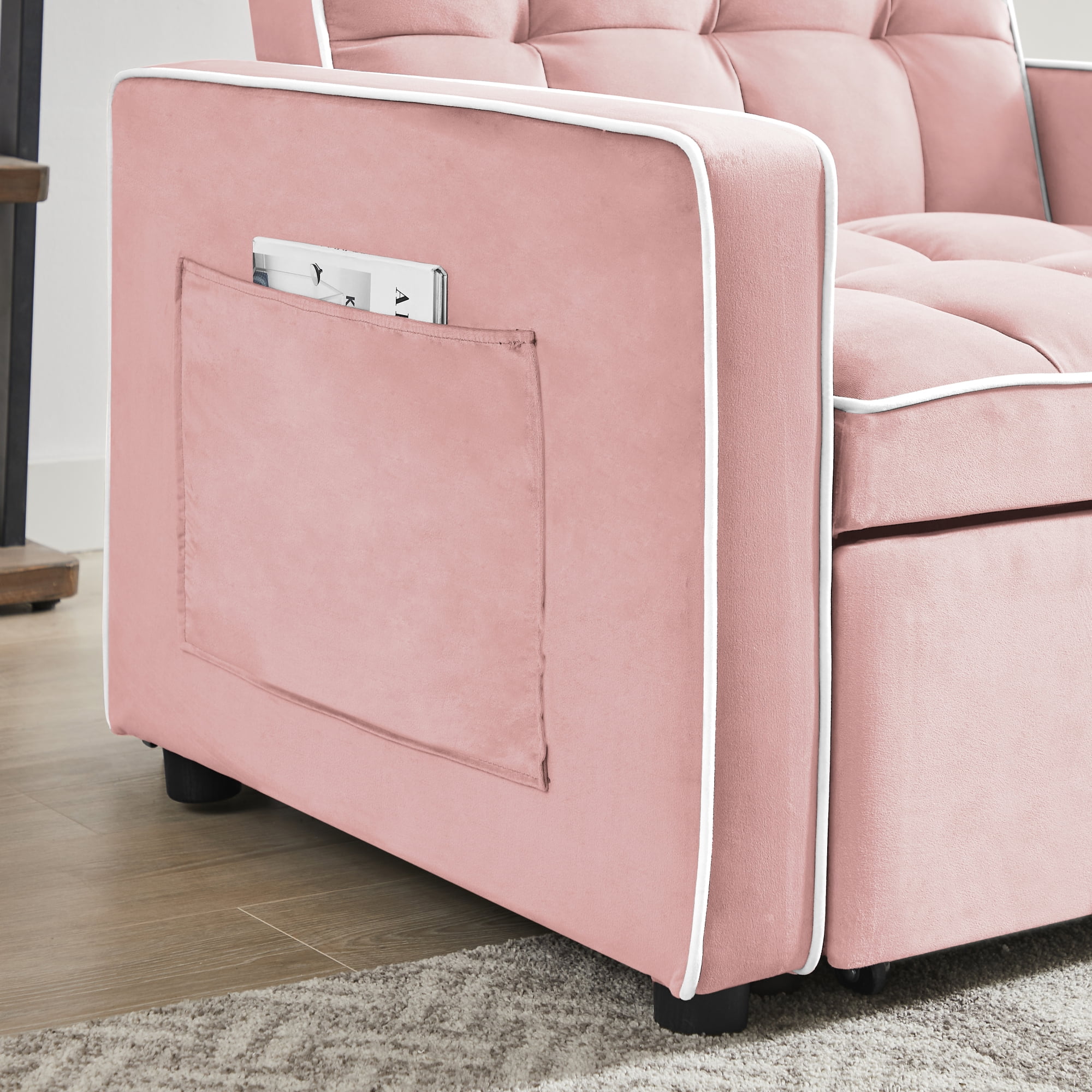 3-in-1 Convertible Chair Bed, Indoor Lounge Chair with Pillow, Single Sofa Pull Out Couch for Living Room,Pink