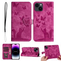 Butterfly Embossed Case for Apple iPhone 13 - 6.1 inch Slim Cat Patterned Leather Folio Cover Card Holder Kickstand, Cute Stylish Women Flip Case Magnetic Clasp Flip with Wrist Strap, Rose