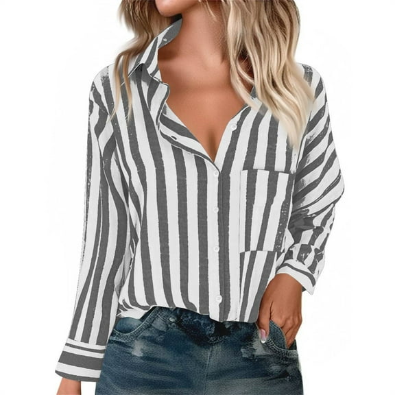 WTOBBY Women's Striped Button Down Shirt Long Sleeve Casual Shirt - Fashion Blouse with Button Front for Stylish and Comfortable Office or Daily Wear,Black L