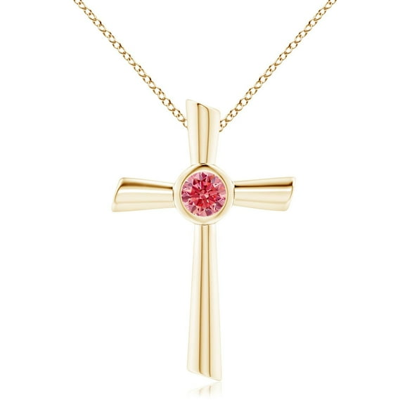 ANGARA IGI Certified Lab Grown 1 Ct Pink Diamond Cross Pendant for Women in 14K Yellow Gold (Size-6.4mm| Clarity-VS) | April Birthstone, Anniversary, Jewelry Gift for Women | Pink Diamond Necklace
