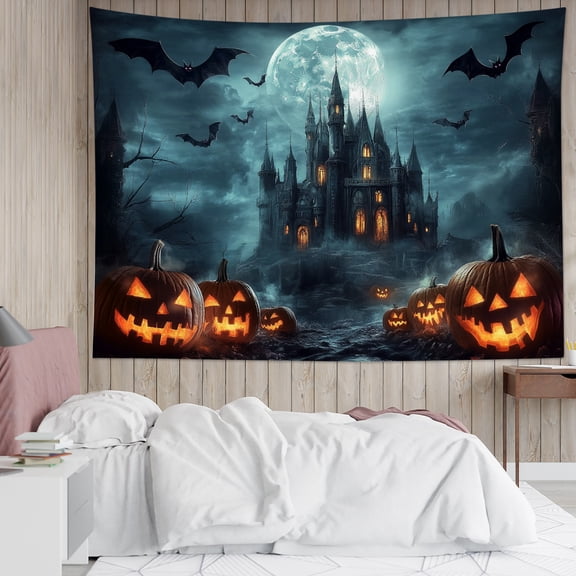 HVEST Scary Halloween Castle Tapestry Wall Hanging Spooky Pumpkin Bat Wall Tapestry for Bedroom Horror Night Full Moon Tapestry for Living Room College Dorm Home Decor,80x60 inch
