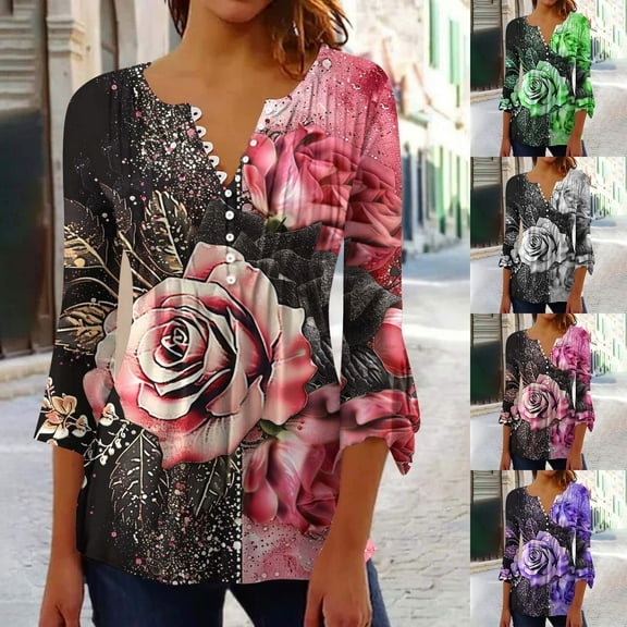 CYMMPU Blouses for Women Dressy Casual Button V Neck Flare Sleeve Floral Pattern Spring Tops Fall Trendy Shirts Tunic Tops 3/4 Sleeve Loose Fit Pleated Dressy T-Shirts Purple L
