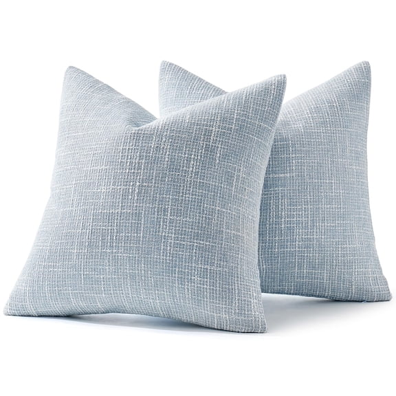 Decorative throw pillow covers 18x18 set of 2, coastal light blue farmhouse linen pillows, modern soft accent cushion covers for couch sofa bed living room home decor, blue