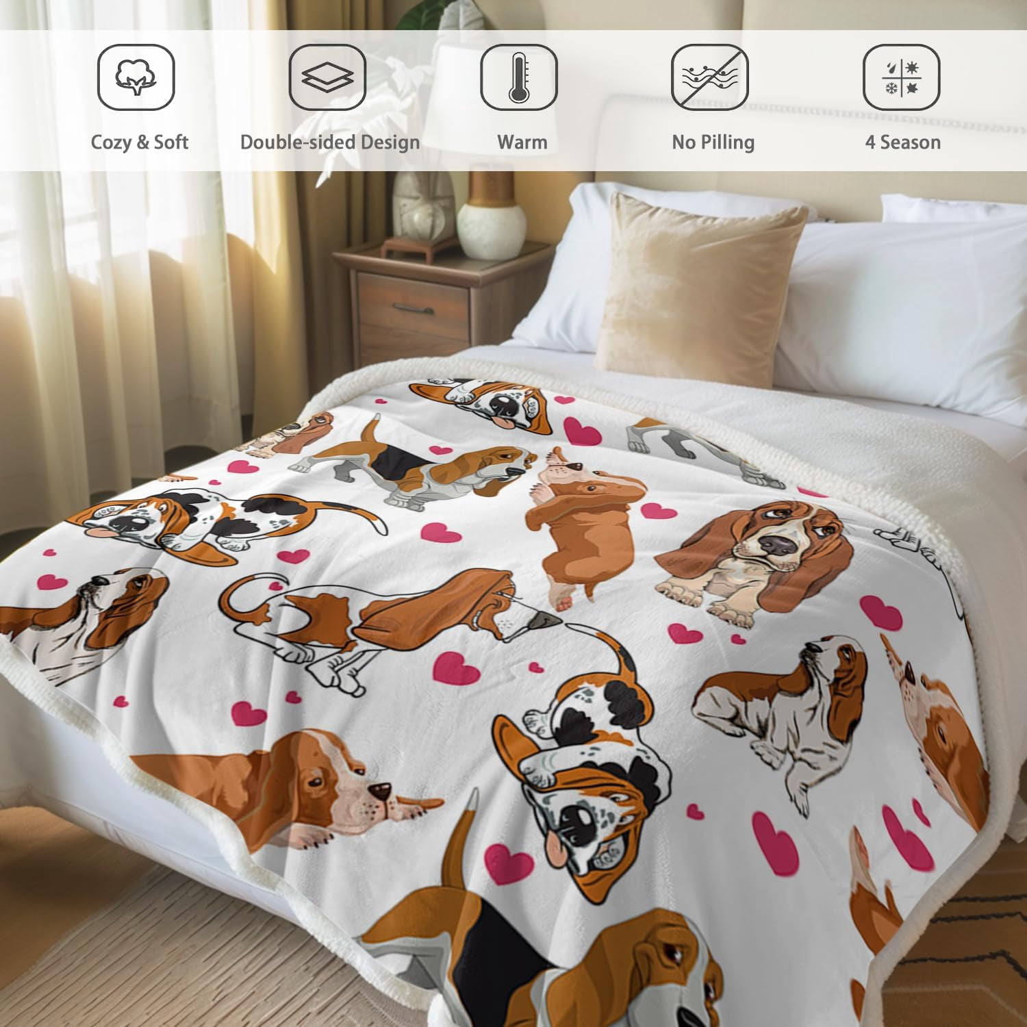 Red Hearts Dog Print Sherpa Plush Blanket Cute Puppy for Kids Adults 3D Animal Print Lightweight Blanket Bassett Hound Gifts Gift for Pet Lovers (BASSET HOUND,Twin, 60 x 80 Inches)