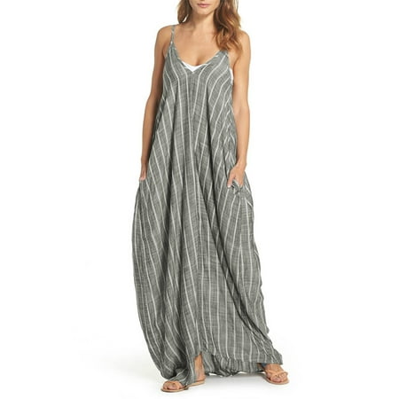 Bohemia Women Sexy V Neck Backless Striped Long Maxi Tank Dress