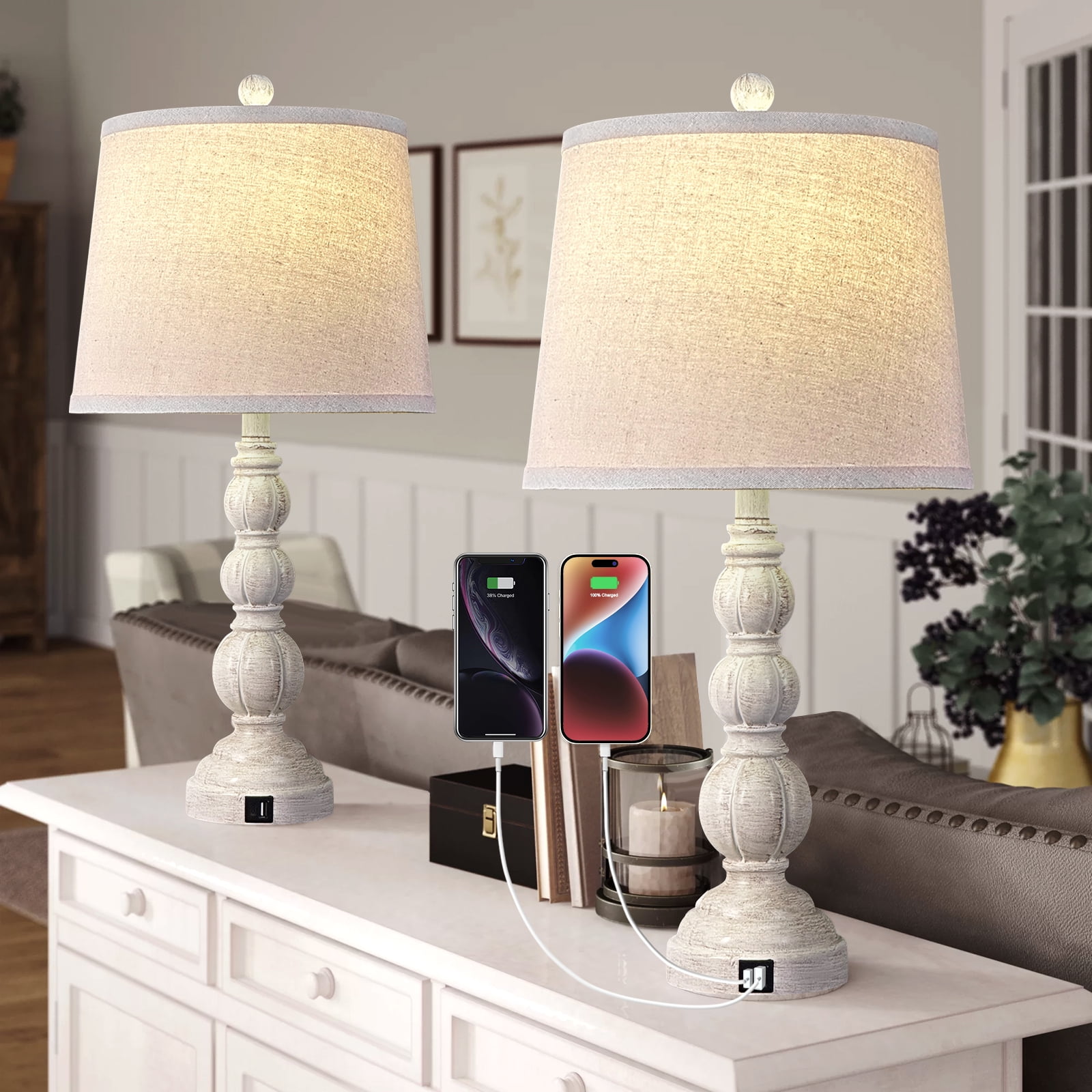 Ileading Farmhouse Table Lamp Set of 2 with USB Charging Port, 26