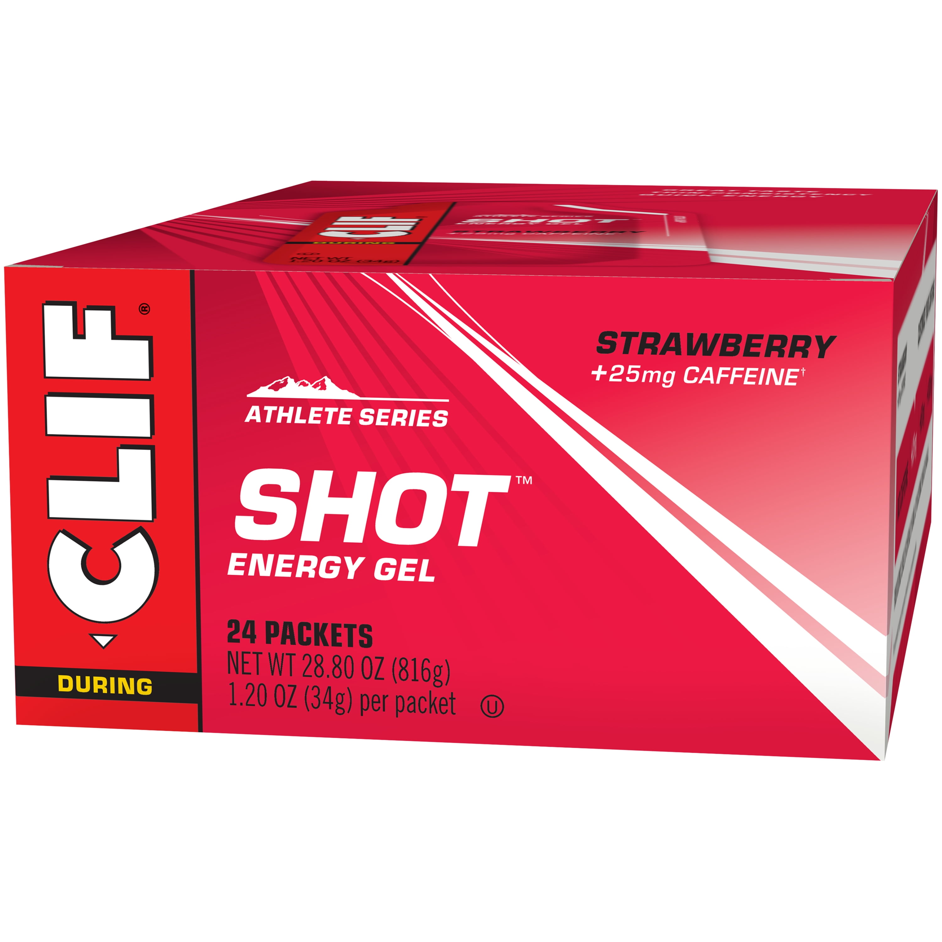 Clif Shot - Energy Gels - Strawberry Flavor - 25mg Caffeine - 1.2 Ounce Packets - 24 Count
