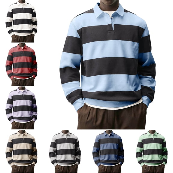 Zivyakyron Button Polo Shirts for Men Rugby Knit Striped Long Sleeve Fall Shirt Colorblock Retro Collared Blue 3XL