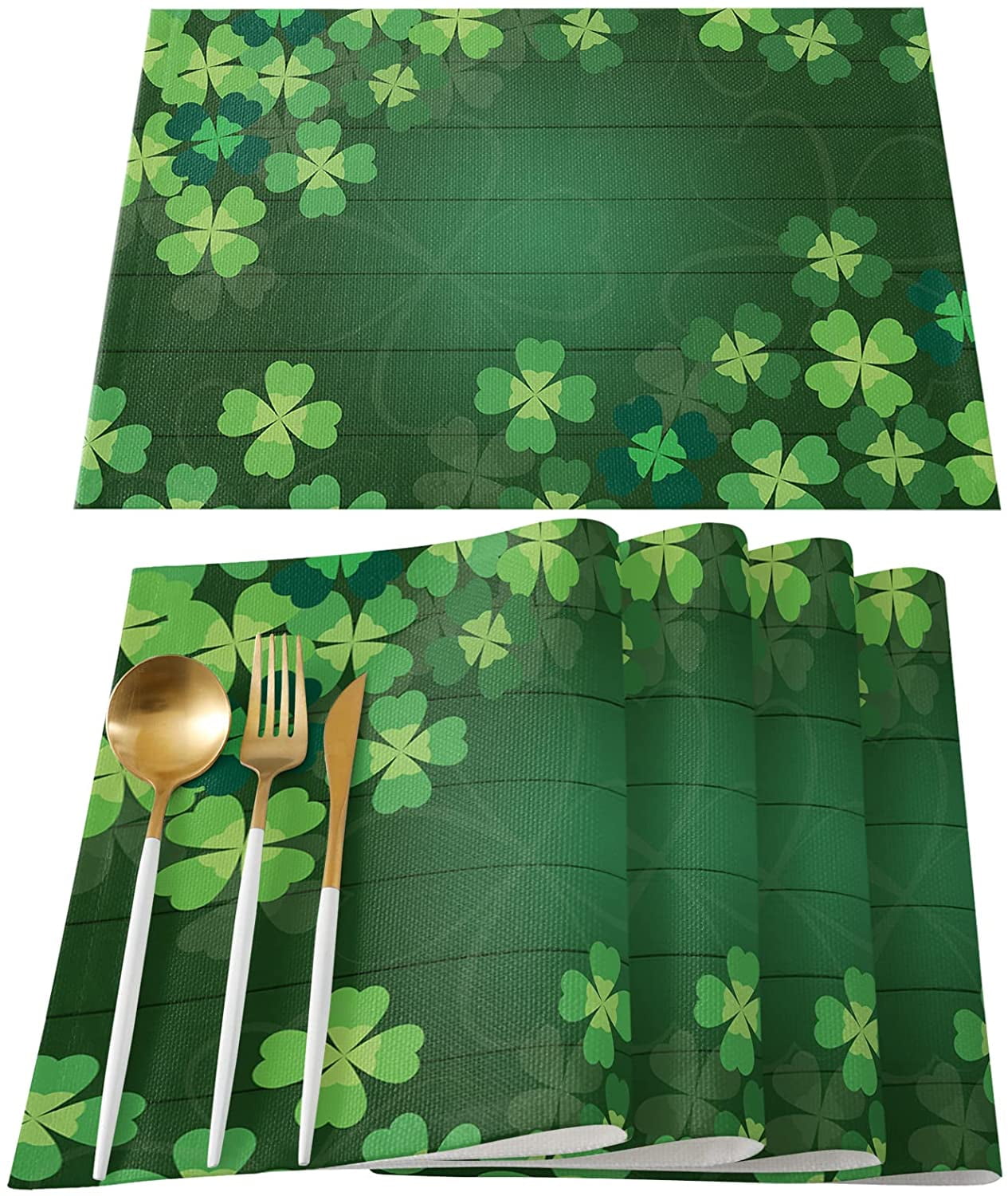 Happy St Patricks Day Gnomes Shamrock Lucky Placemats Set of 4 Cotton Line Fabric Heat Resistant Table Mats Non-Slip Washable Decoration for Home Kitchen Dining Wedding Holiday Party,Green White