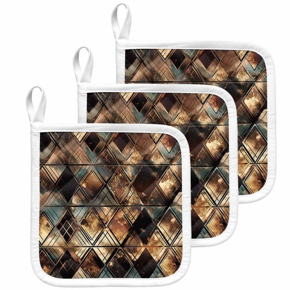 Brown Teal Geometric Pot Holders for Kitchen Heatproof Potholder, 3 Pack Retro Modern Plaid Abstract Art Hot Pads Multipurpose Oven Pads Cloth Potholders Trivet for Cooking Baking