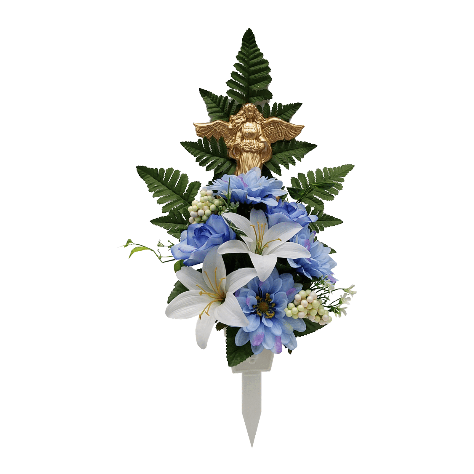 Mainstays 20.5" Artificial Flowers, Memorial Stake, Zinnia, Blue and White Color, Angel Decor.