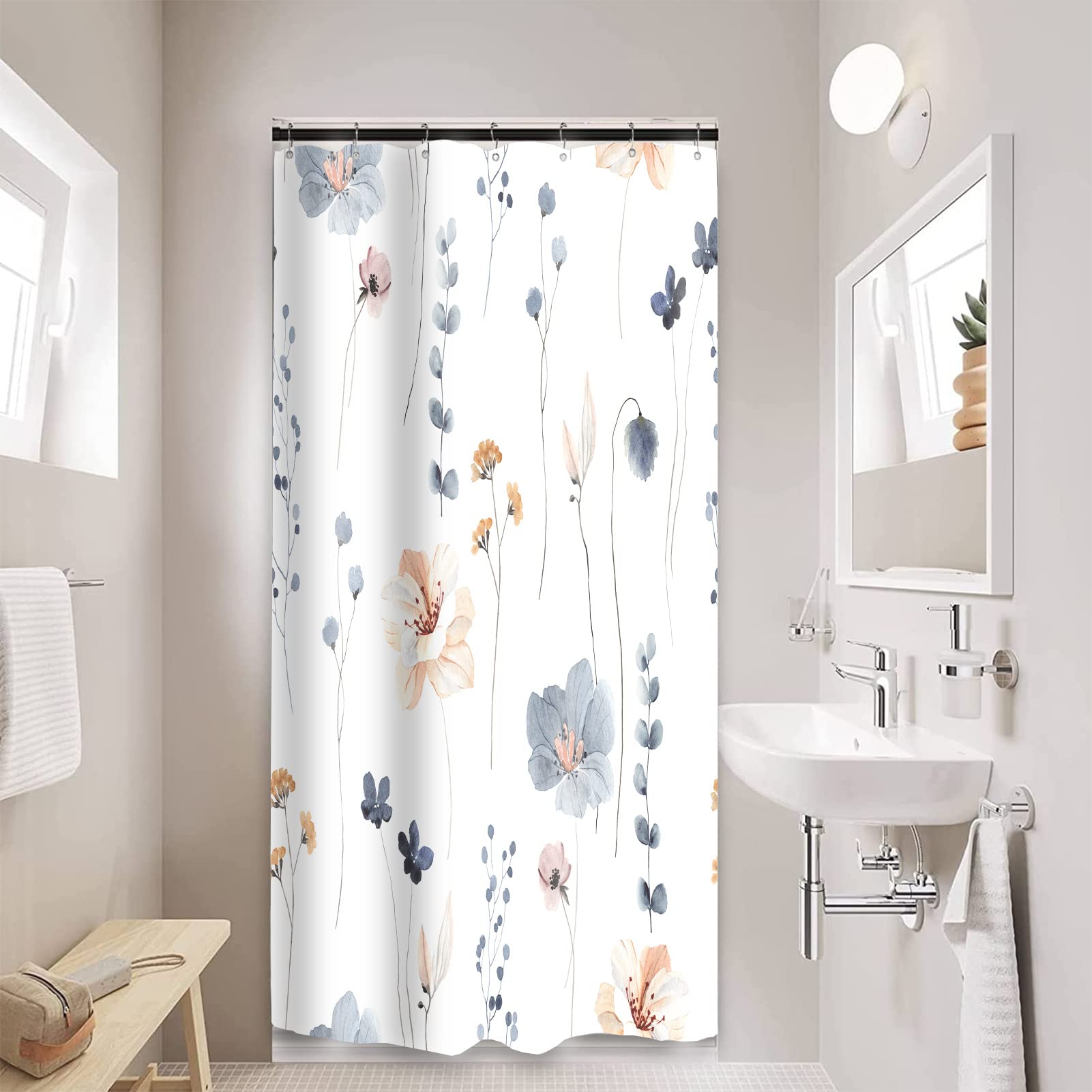 Watercolor Floral Shower Curtain Set,Blue Beige Flowers Bathroom Curtains,Modern Minimalist