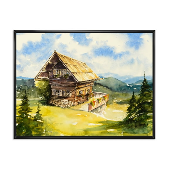 Designart 'Old Cottage At Summer With Peaceful Landscape' Traditional Framed Canvas Wall Art Print
