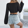 thumbnail image 4 of Womens Cropped Tops Summer Fashion Knit Hollow out Long Sleeves Crewneck T-Shirt Loose Comfy Sweater Knitwear Black X-Large, 4 of 5