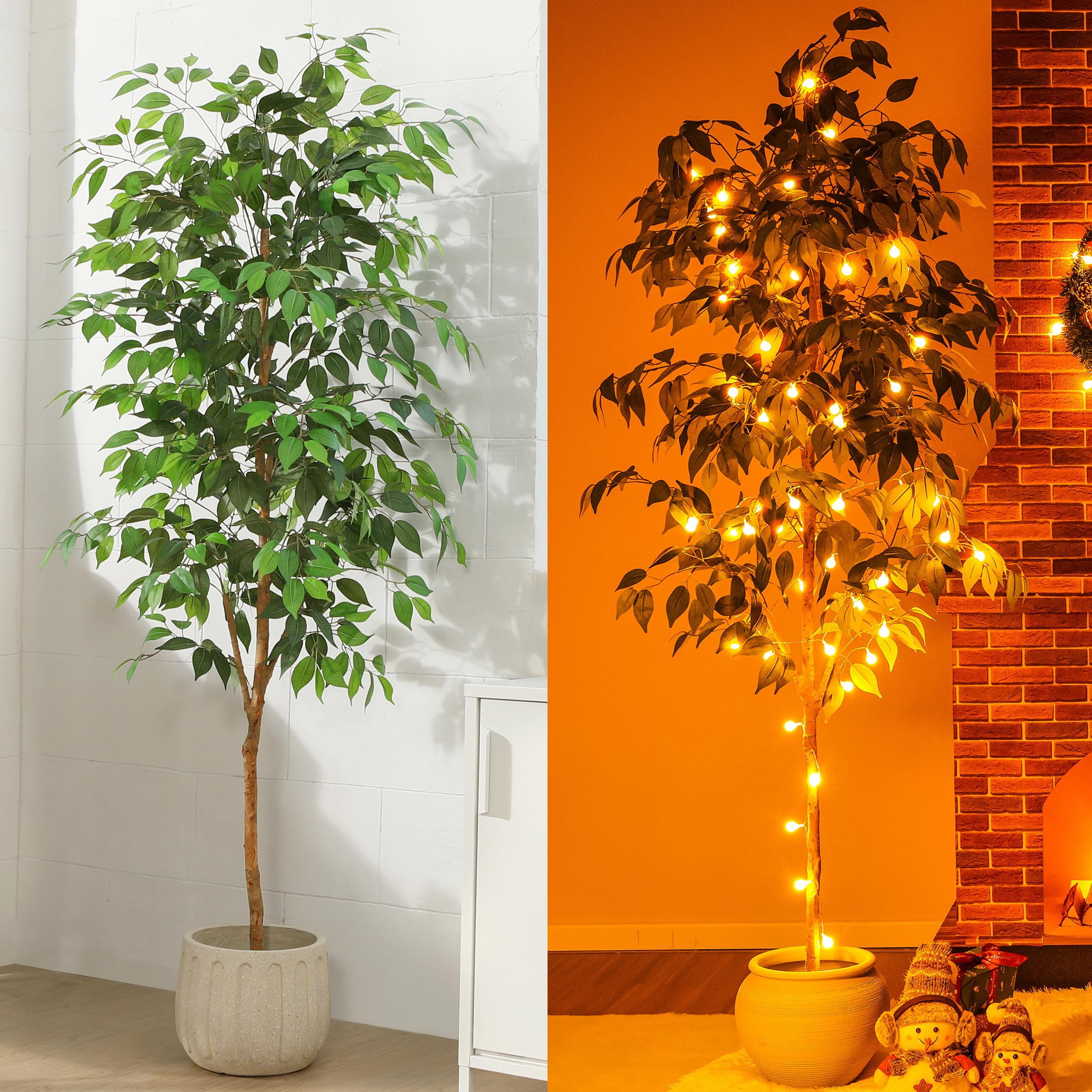 6FT Artificial Ficus Tree with Natural Wood Trunk and Lifelike Leaves, Silk Fake Potted Tree with Wood Branches, Faux Tree for Office Home Decor