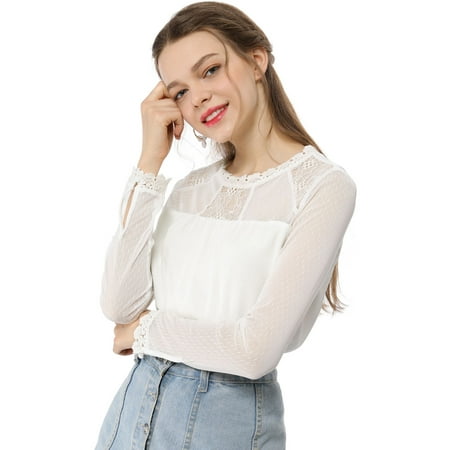 Silk Peasant Blouse - Unique Bargains Women's Lace Floral Panel Peasant Blouse Long Sleeves Chiffon Top Shirt