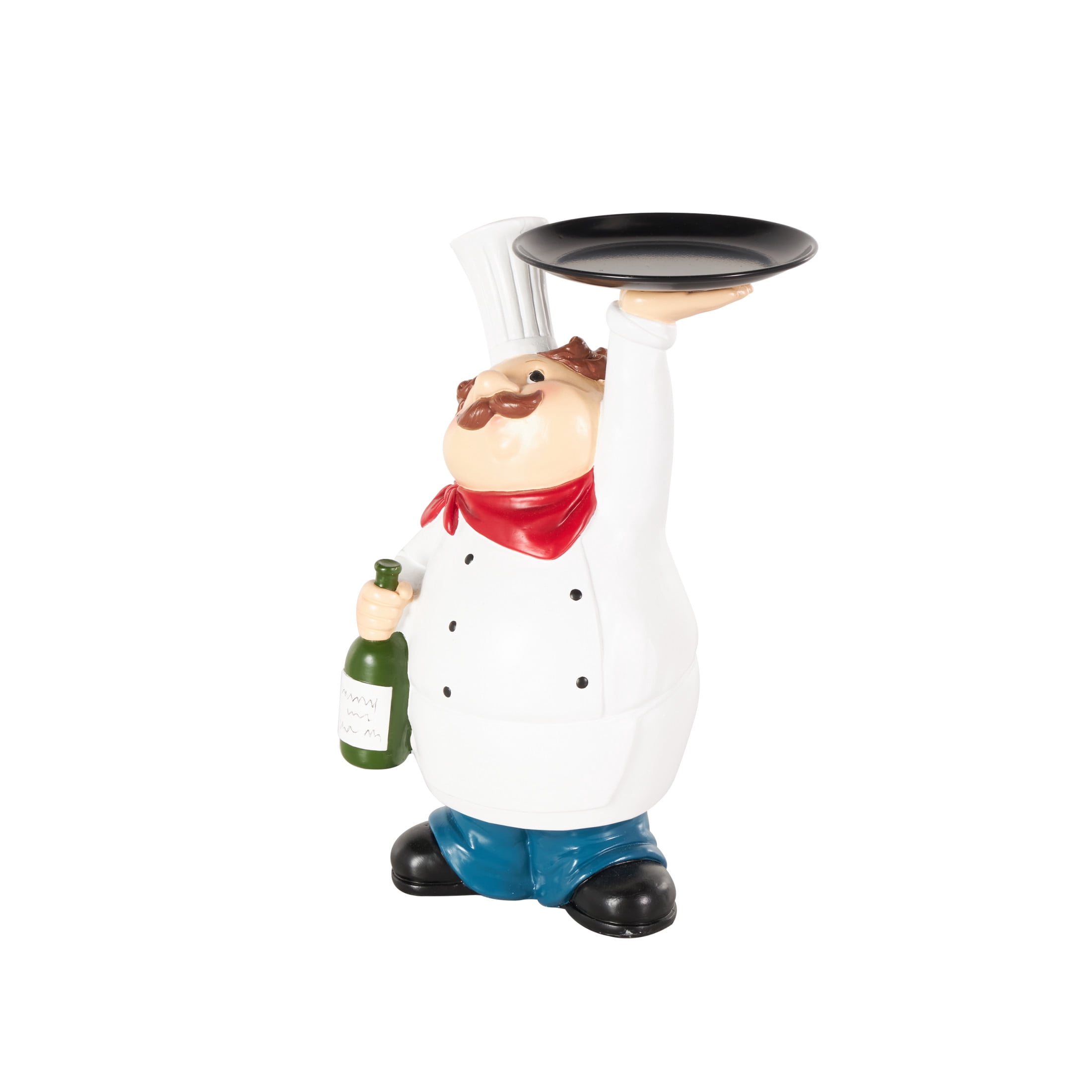 9" x 13" White Polystone Kitchen Decorative Figurine Chef Sculpture with Black Tray and Green Bottle, by DecMode