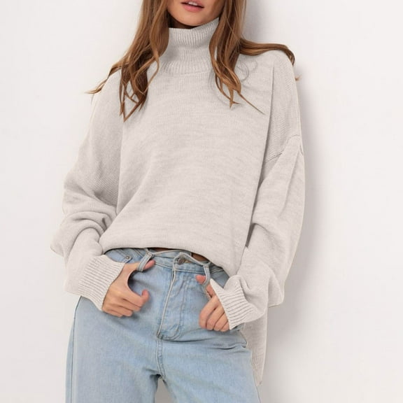 Itsame Women Knitted Sweater High Neck Pullover Sweatershirt Long Sleeves Solid Color Relaxed Sweatshirts Beige Size Free Size