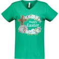 thumbnail image 3 of Inktastic Happy Easter with Cross and Flowers Women's V-Neck T-Shirt, 3 of 5