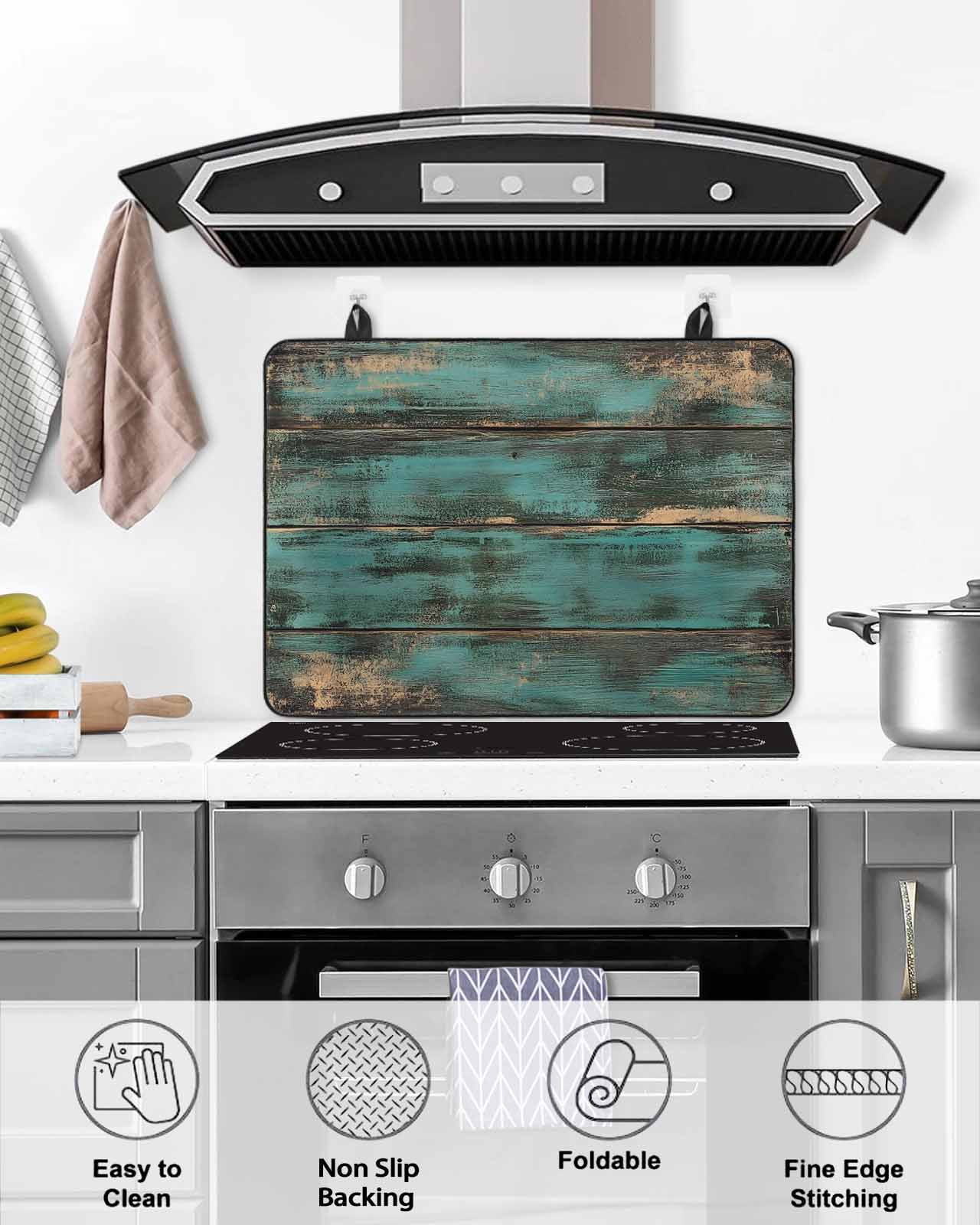 nqOlkjepod Large Induction Cooktop Protector Mat 24"x21", Teal Brown Wood Print Stove Top Covers for Electric Stove, Farmhouse Vintage Plank Decorative Stove Burner Cover Mats, Glass Top Stove Cover