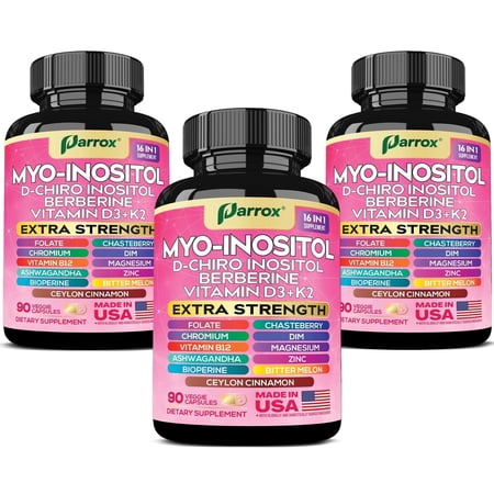 Parrox Myo-Inositol Supplement, Berberine, D-Chiro Inositol, Folate, Chromium, Vitamin D3, K2 & B12, DIM, Chasteberry, Ashwagandha, Ceylon Cinnamon, Zinc, Magnesium, Bioperine, Bitter Melon (3 Pack)