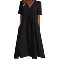 thumbnail image 3 of Taqqpue Women Linen Dress V Neck Short Sleeve Sundress Loose Fit Casual Beach Vacation A Line Dress Solid Color Plus Size Dresses with Pockets for Women, 3 of 7