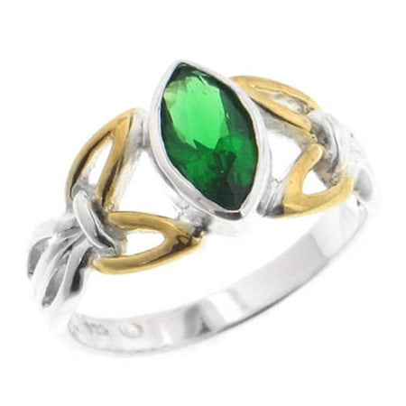 - Sterling Silver and Two Tone Gold Accent Celtic Knot Marquise Emerald-Green Glass Ring