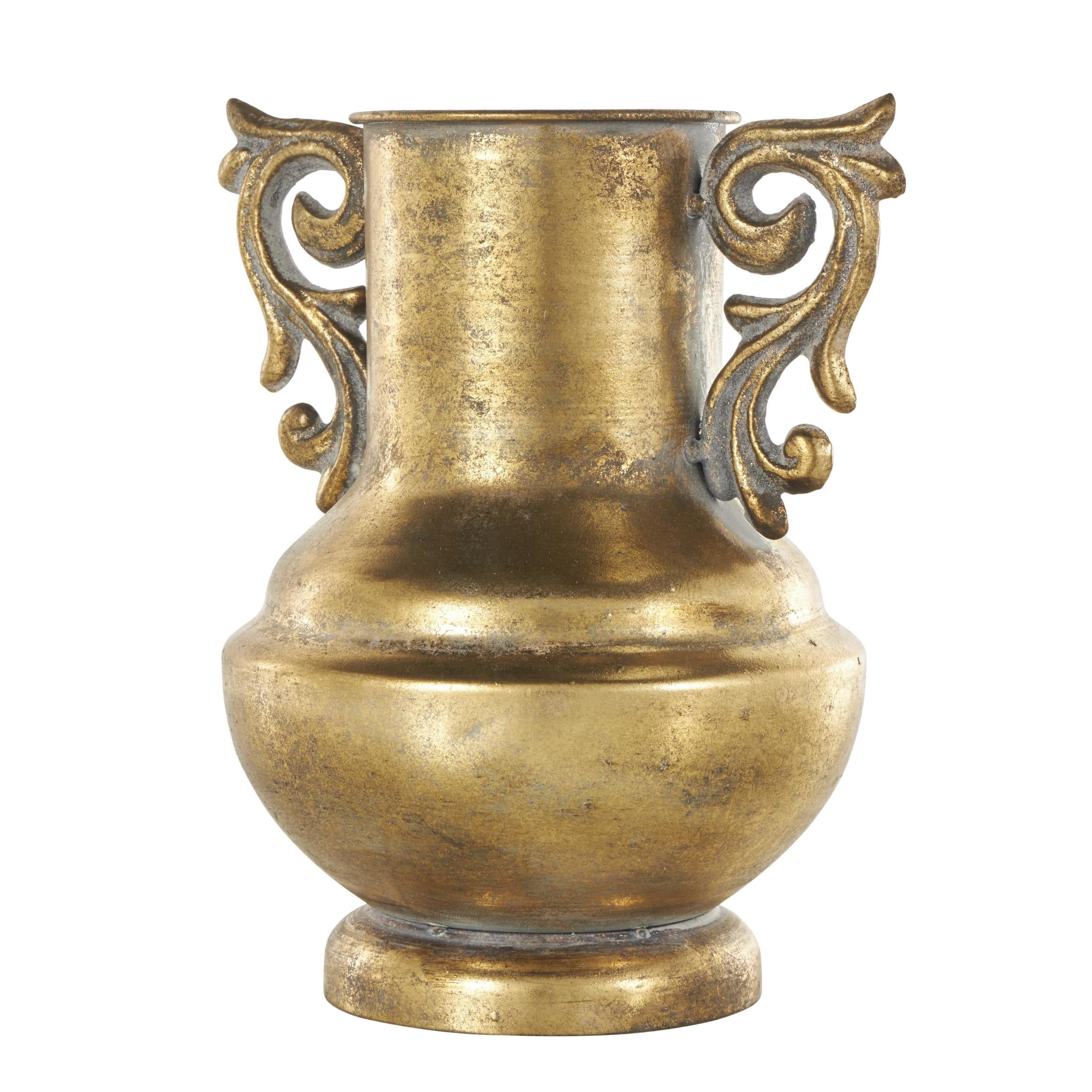 DecMode 10" Scroll Weathered Vintage Amphora Gold Metal Vase with Handles