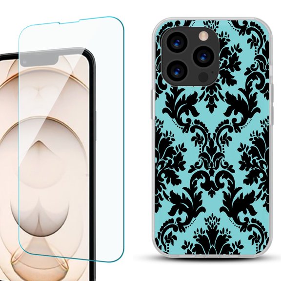 Slim-Fit Anti-Scratch Gel TPU Phone Case for iPhone 13 Pro, with Tempered Glass Screen Protector, by OneToughShield ® - Victorian Blue/Black