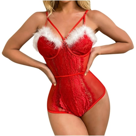 

Womens Lingerie Underwear Women Christmas Lace See-Through Net Yarn Pajamas Suit Red Perspective Mesh Girl Cosplay Suit Red S