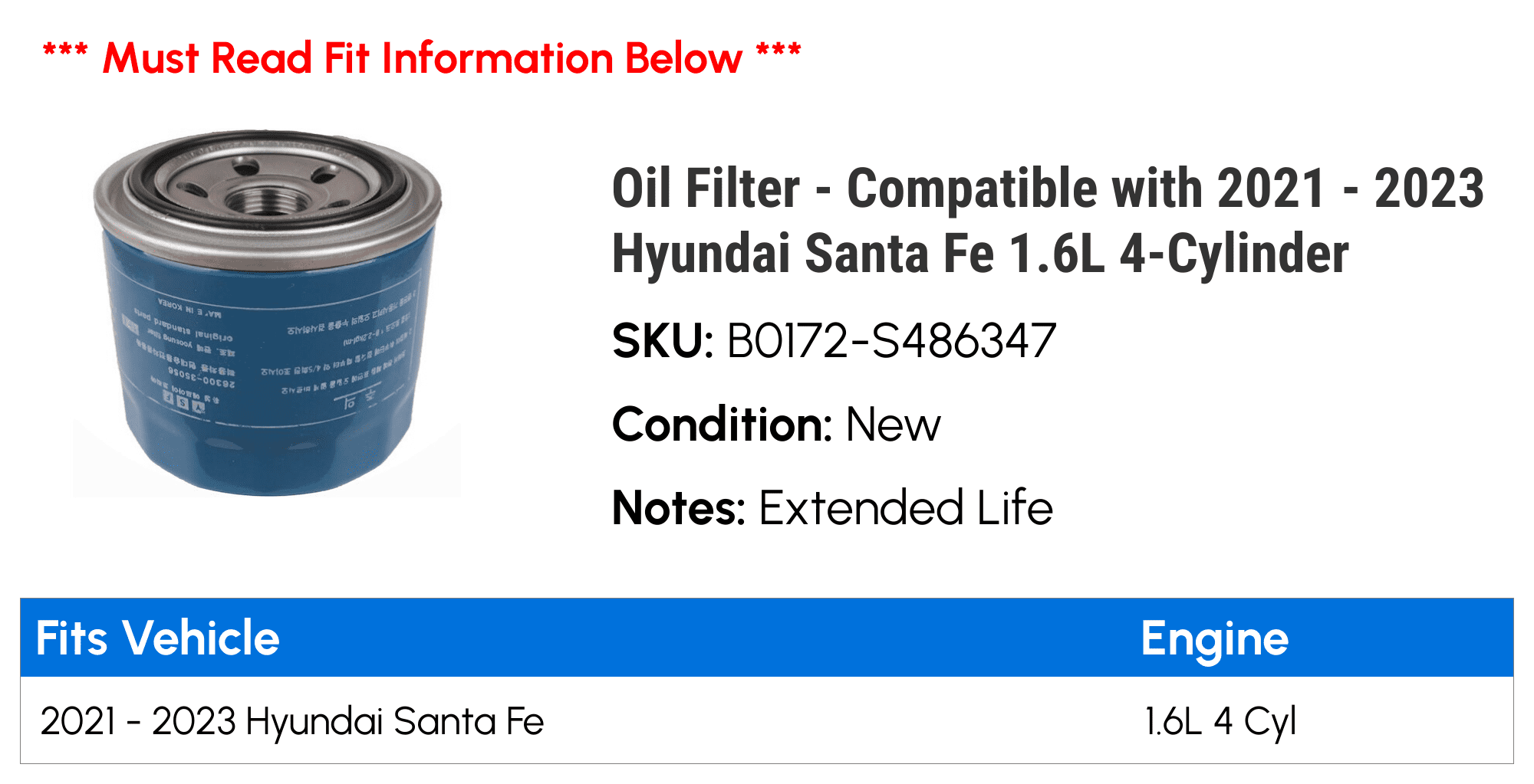 Oil Filter - Compatible with 2021 - 2023 Hyundai Santa Fe 1.6L 4-Cylinder 2022