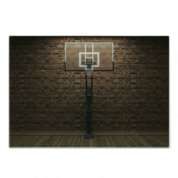 Basketball Cutting Board, Old Brick Wall and Basketball Hoop Rim Indoor Training Exercising Stadium Picture, Decorative Tempered Glass Cutting and Serving Board, Small Size, Brown, by Ambesonne