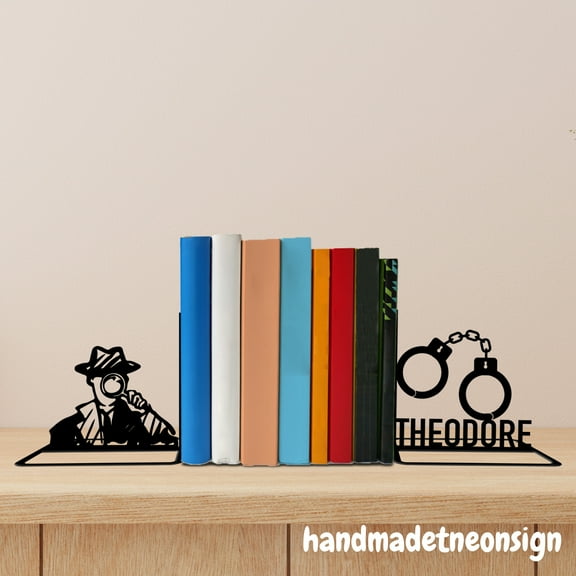 Handmadetneonsign Custom Detective Metal Bookends, Detective Name Bookend, Bookends for Shelves 71419