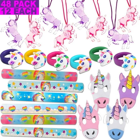 48 Unicorn Favors - 12 rings, 12 masks, 12 Necklaces, 12 Slap Bracelets. Perfect Prize Set for Rainbow Unicorn Theme Birthday. Great for Pinata Filler, Handouts, Gifts, Loot Bags