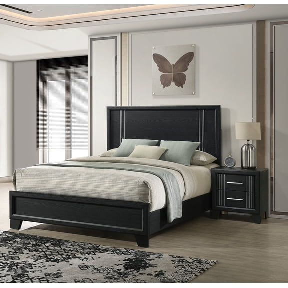 Beautiful Charcoal Finish King Size Panel Bed 2x Nightstand 3pc Bedroom Set