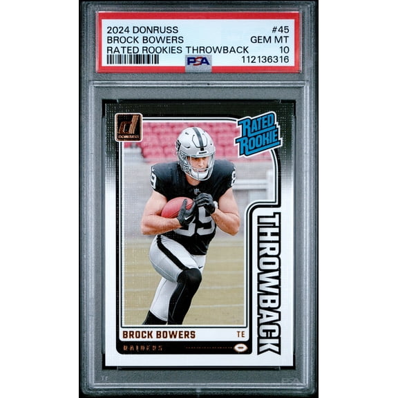 Collectible Graded 2024 Panini Donruss Brock Bowers #45 Rated Rookies Throwback Rookie RC Football Card PSA 10 Gem Mint