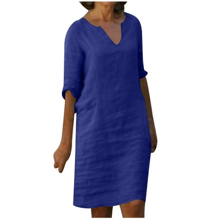 

Wyongtao Women Midi Dress Casual Summer V Neck Solid Short Sleeve Cotton Linen Dress Knee Length XL
