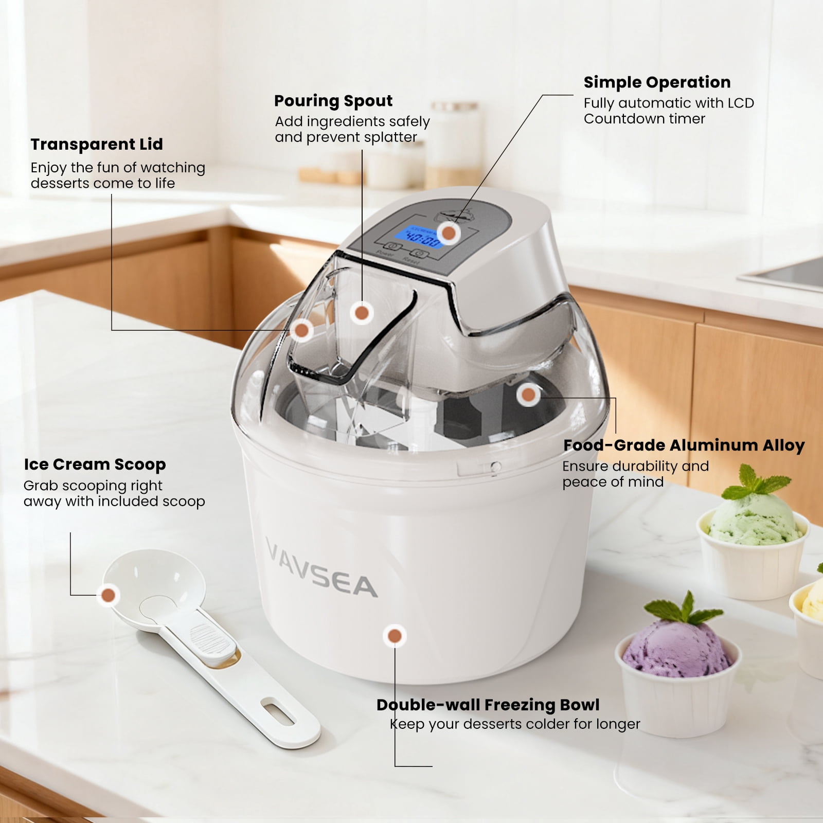 VAVSEA 1.5 Qt Ice Cream Maker with Scoop, Double-Insulated Freezer Bowl, Electric Ice Cream Machine Easy Make, Healthy Homemade Automatic Sobert Maker for Gelato, Frozen Yogurt, White