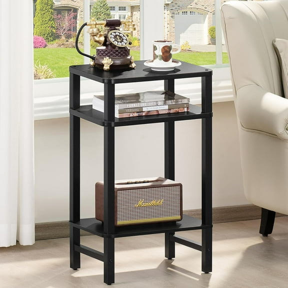 28in Tall Side Table 3-Tier Narrow End Table for Small Space, Slim Nightstand with Storage, Wooden Frame Bedside Table, Black