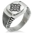 thumbnail image 1 of Stainless Steel Celtic Cross Rune Knot CZ Ribbed Needle Stripe Pattern Biker Style Polished Ring, 1 of 1