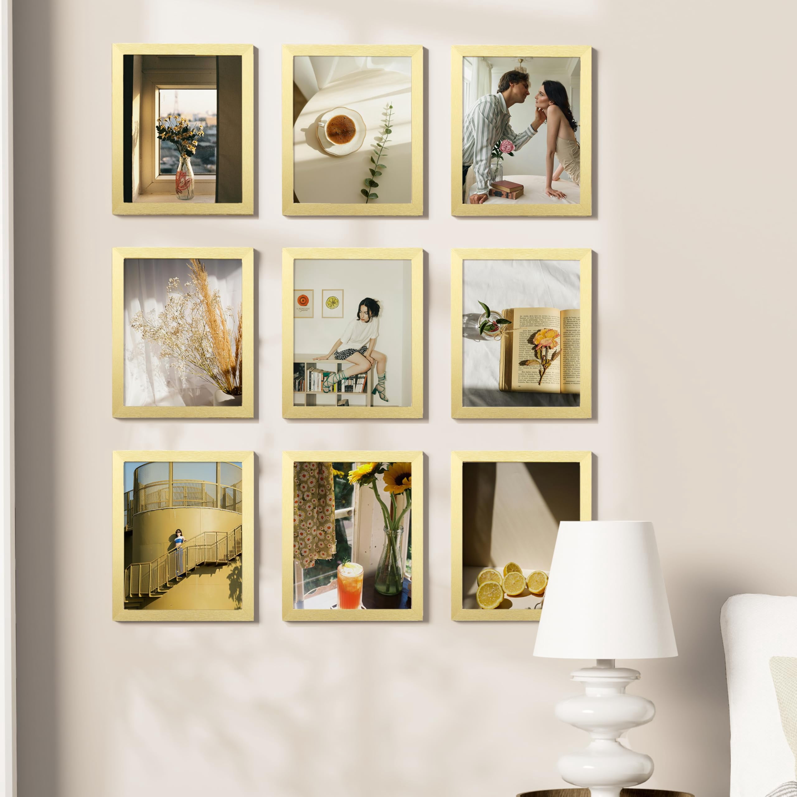 decorUhome 8x10 Gold Picture Frame Set of 9, Display 5x7 Pictures with Mat or 8x10 without Mat, Photo Frames for Wall or Tabletop